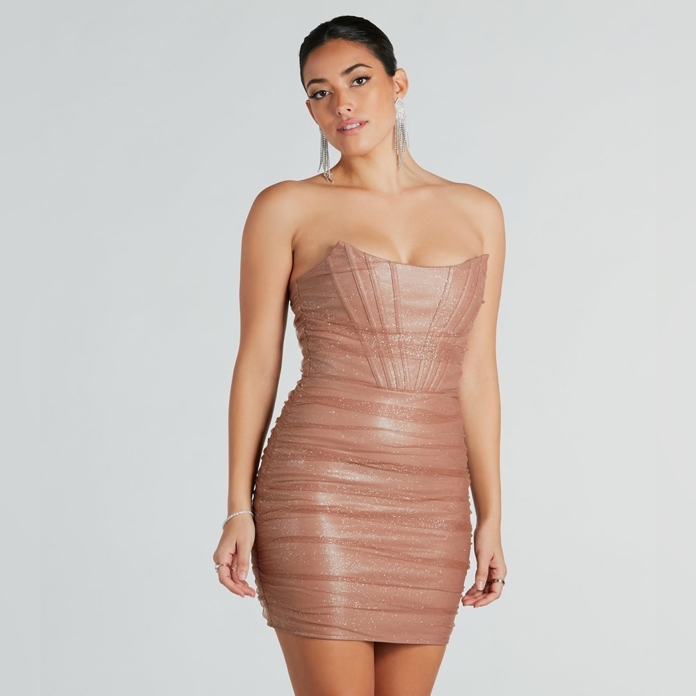 Windsor Strapless Shimmering Tan Dress